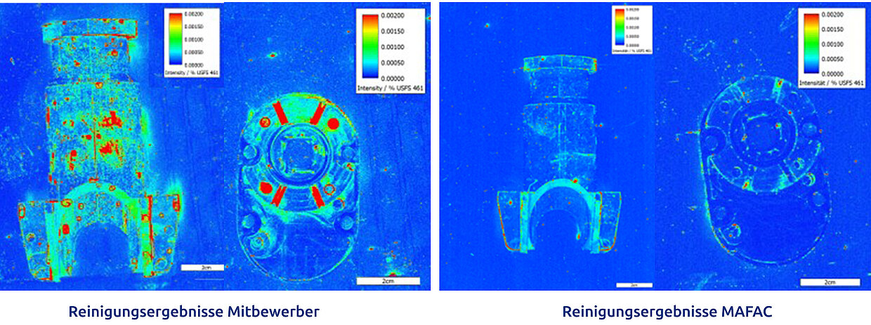 Vier Aufnahmen der Fluoreszenzanalyse eines Bauteils