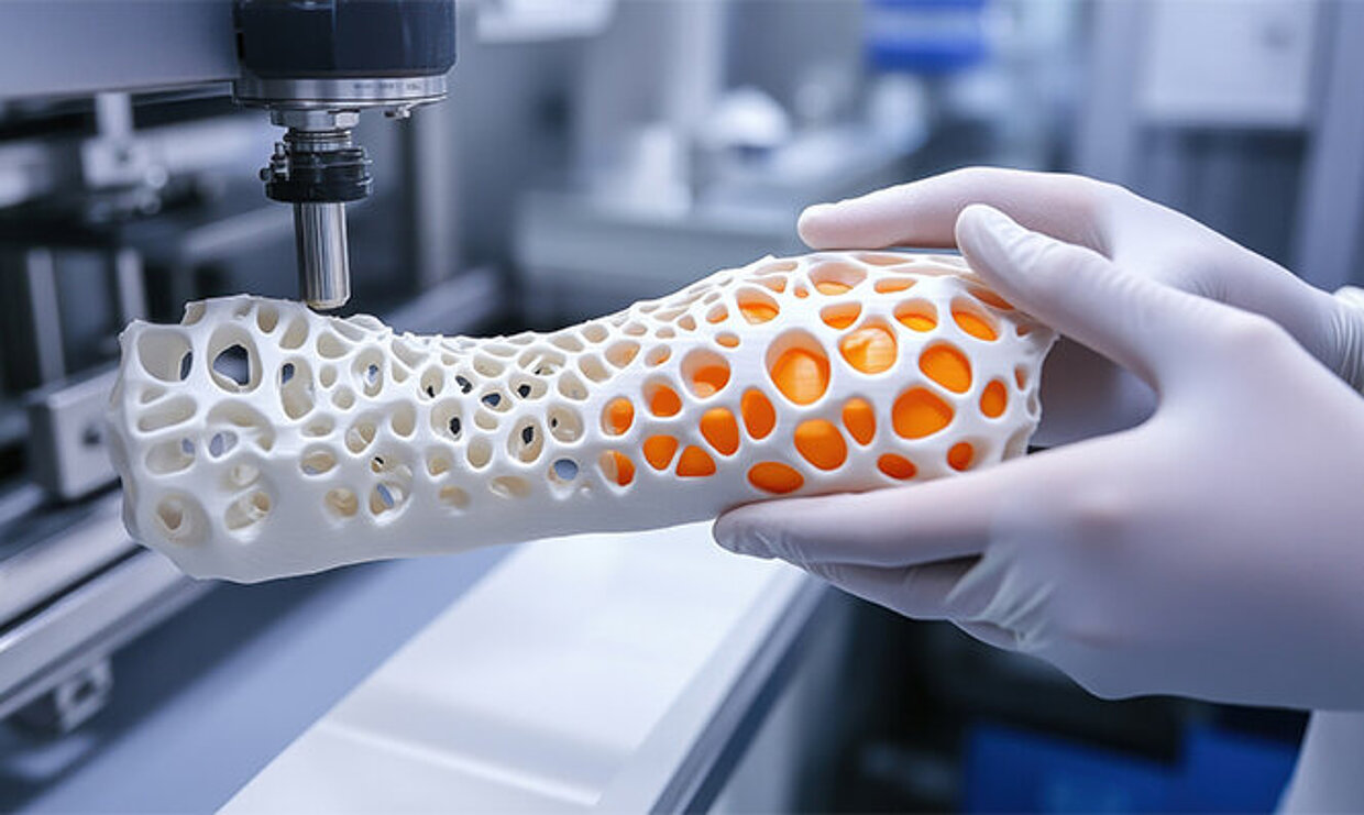 3D-gedruckter Gipsverband für einen Unterarm, der in einem Labor mit einem professionellen 3D-Drucker gedruckt wird.