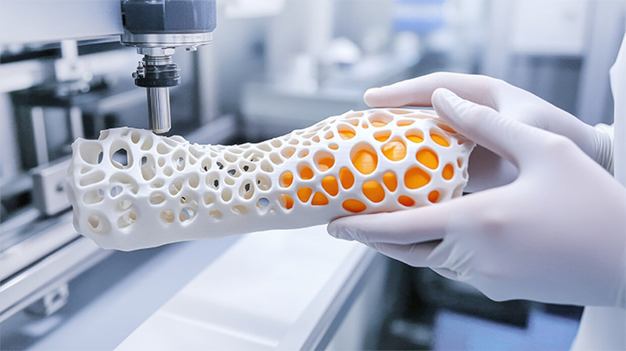 3D-gedruckter Gipsverband für einen Unterarm, der in einem Labor mit einem professionellen 3D-Drucker gedruckt wird.