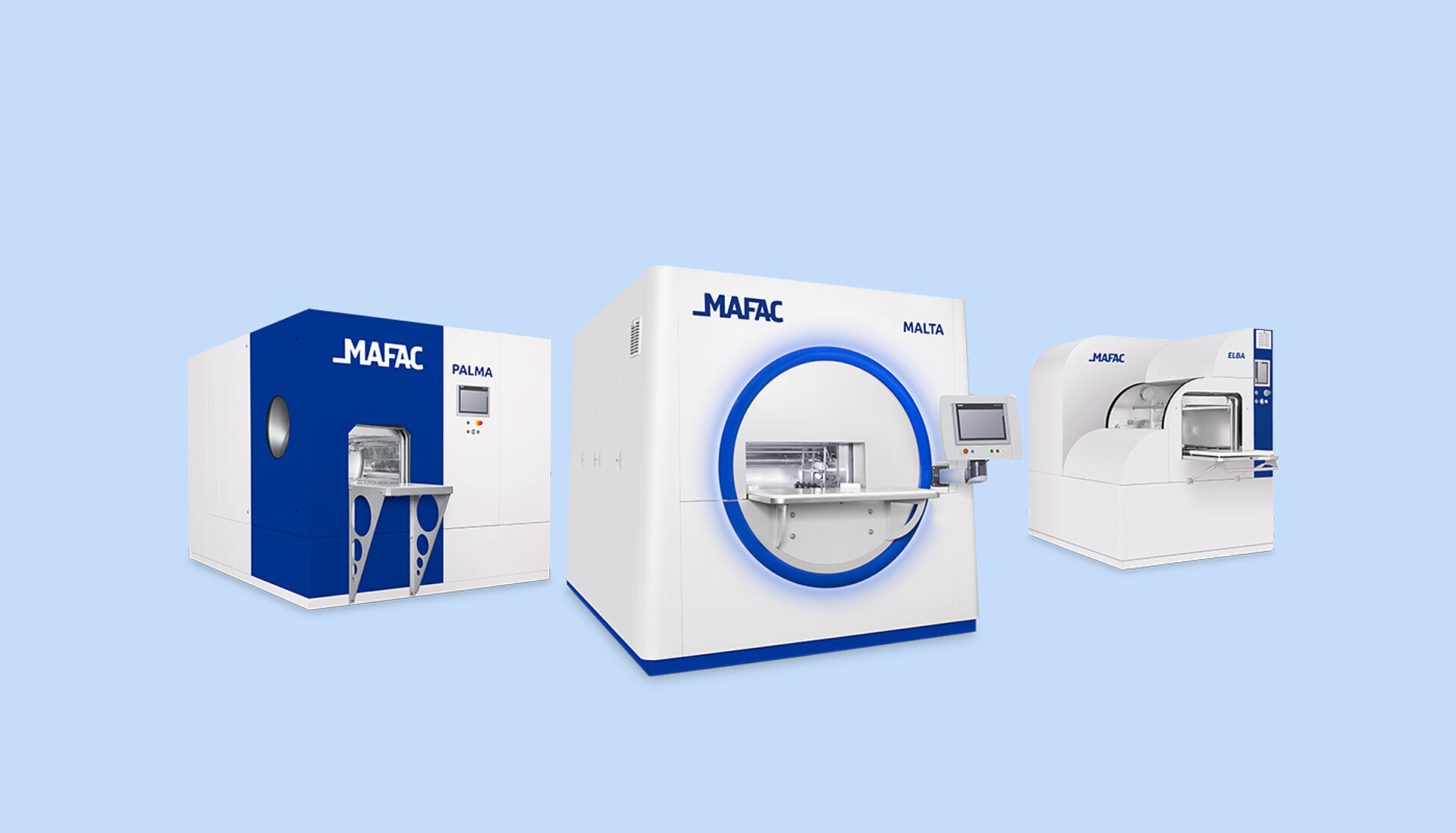 Drei industrielle Reinigungsmaschinen in verschiedenen Designs und Größen. Die Maschinen sind in Weiß und Türkis gehalten und verfügen über runde Öffnungen und digitale Anzeigen. Sie stehen nebeneinander auf einem weißen Hintergrund.