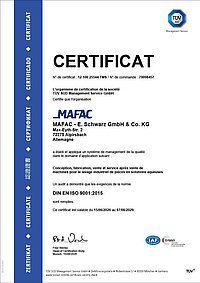 TÜV SÜD Certificat pour MAFAC - E. Schwarz GmbH & Co. KG, DIN EN ISO 9001:2015, valable jusqu’au 07.06.2026