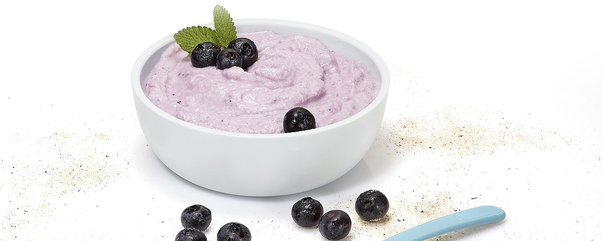 Schale mit Heidelbeerjoghurt, dekoriert mit frischen Heidelbeeren und Minzblättern.