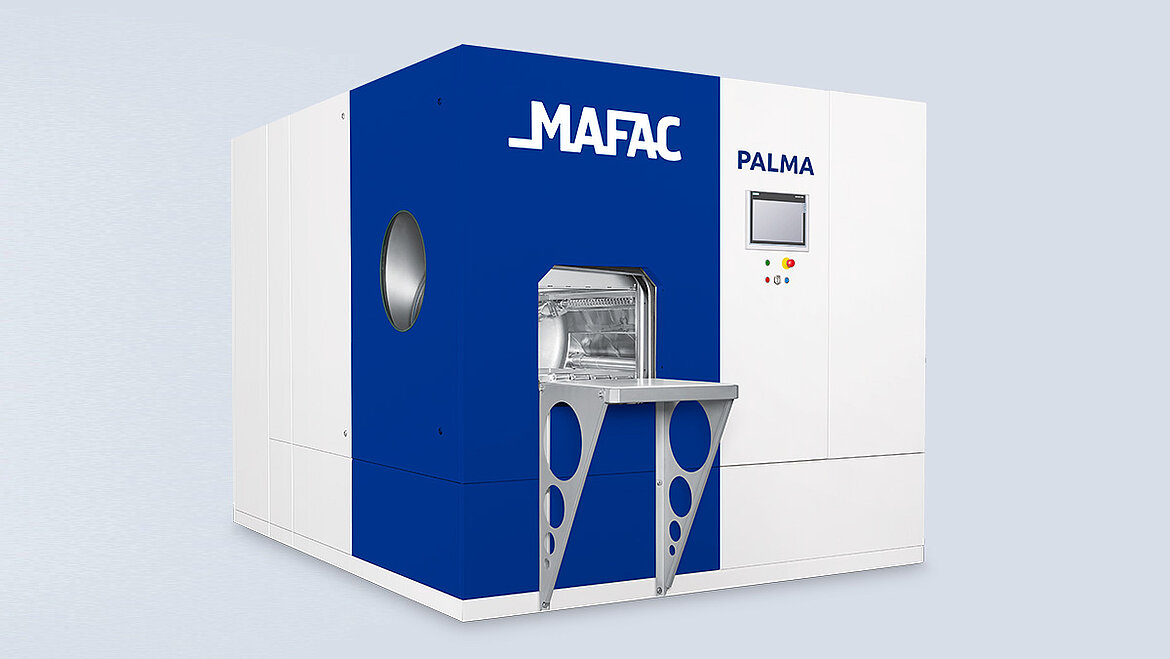 Perspektivische Aufnahme einer MAFAC PALMA Reinigungsanlage zur Bauteilreinigung