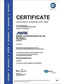 TÜV SÜD Certificate for MAFAC - E. Schwarz GmbH & Co. KG, DIN EN ISO 9001:2015, valid until 07.06.2026
