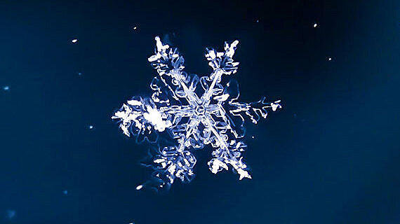 Nahaufnahme einer Schneeflocke vor dunkelblauem Hintergrund